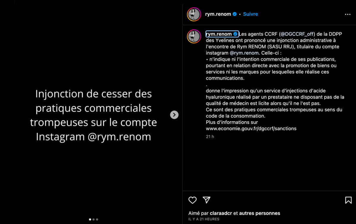 Capture d'écran de la publication de l'influenceuse Rym Renom suite à sa condamnation par la DGCCRF