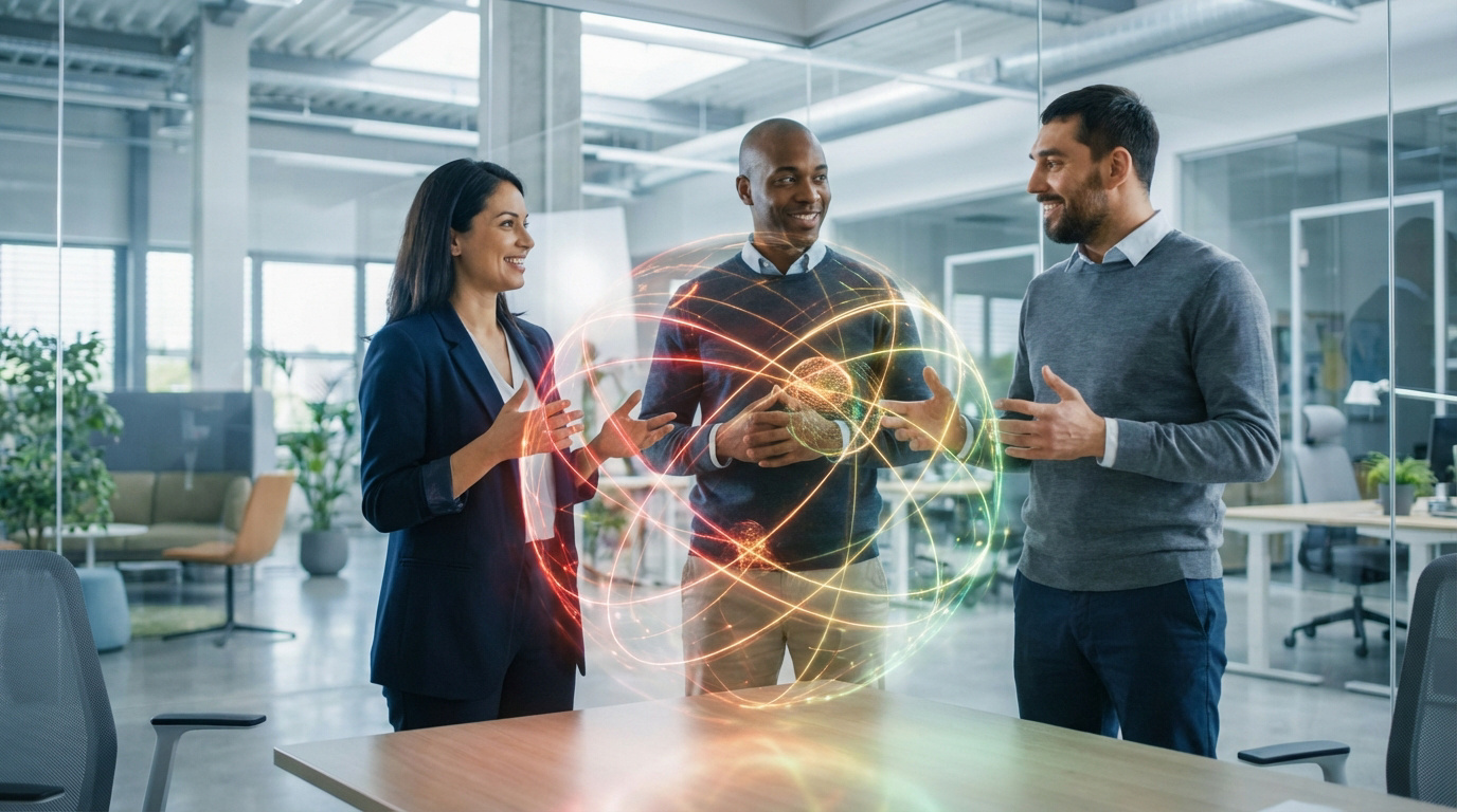 Trois collègues souriants discutent autour d'un globe réseau holographique lumineux dans un bureau moderne.