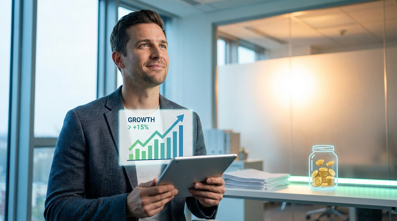 Homme d'affaires souriant tenant une tablette, avec un graphique de croissance (+15%) flottant et une tirelire d'or à côté.