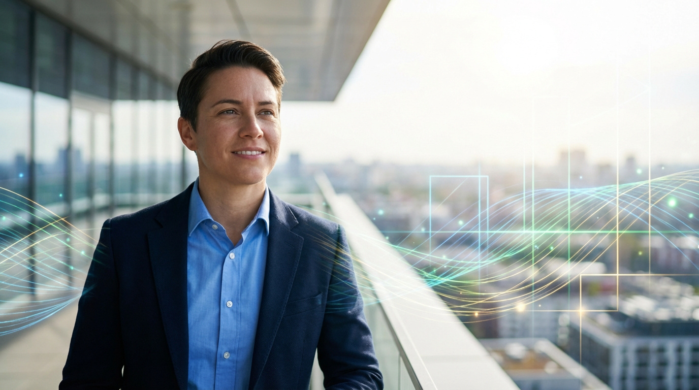 Un(e) professionnel(le) souriant(e) en costume, sur un balcon avec vue sur la ville et des lignes de données numériques en surimpression.