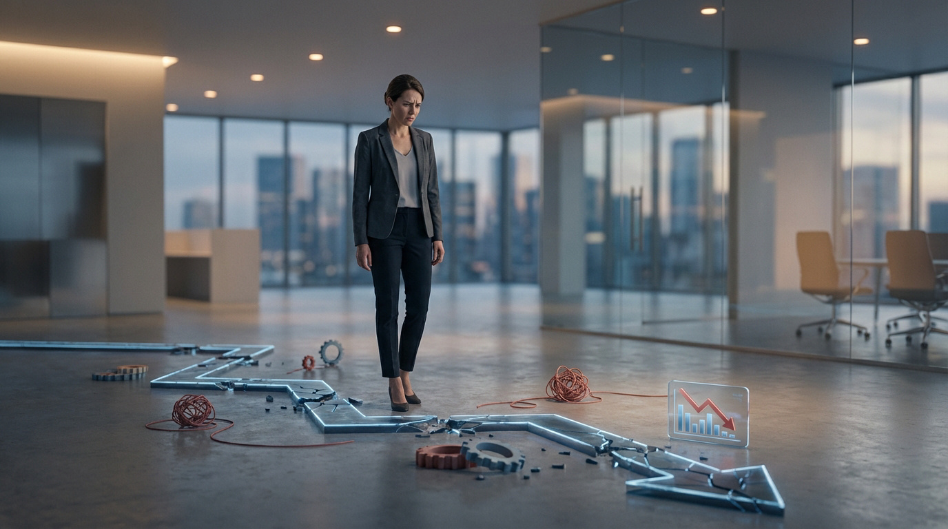 Femme d'affaires désolée dans un bureau moderne, regardant une flèche lumineuse brisée et descendante. Des engrenages et un graphique de baisse sont au sol, symbolisant l'échec.