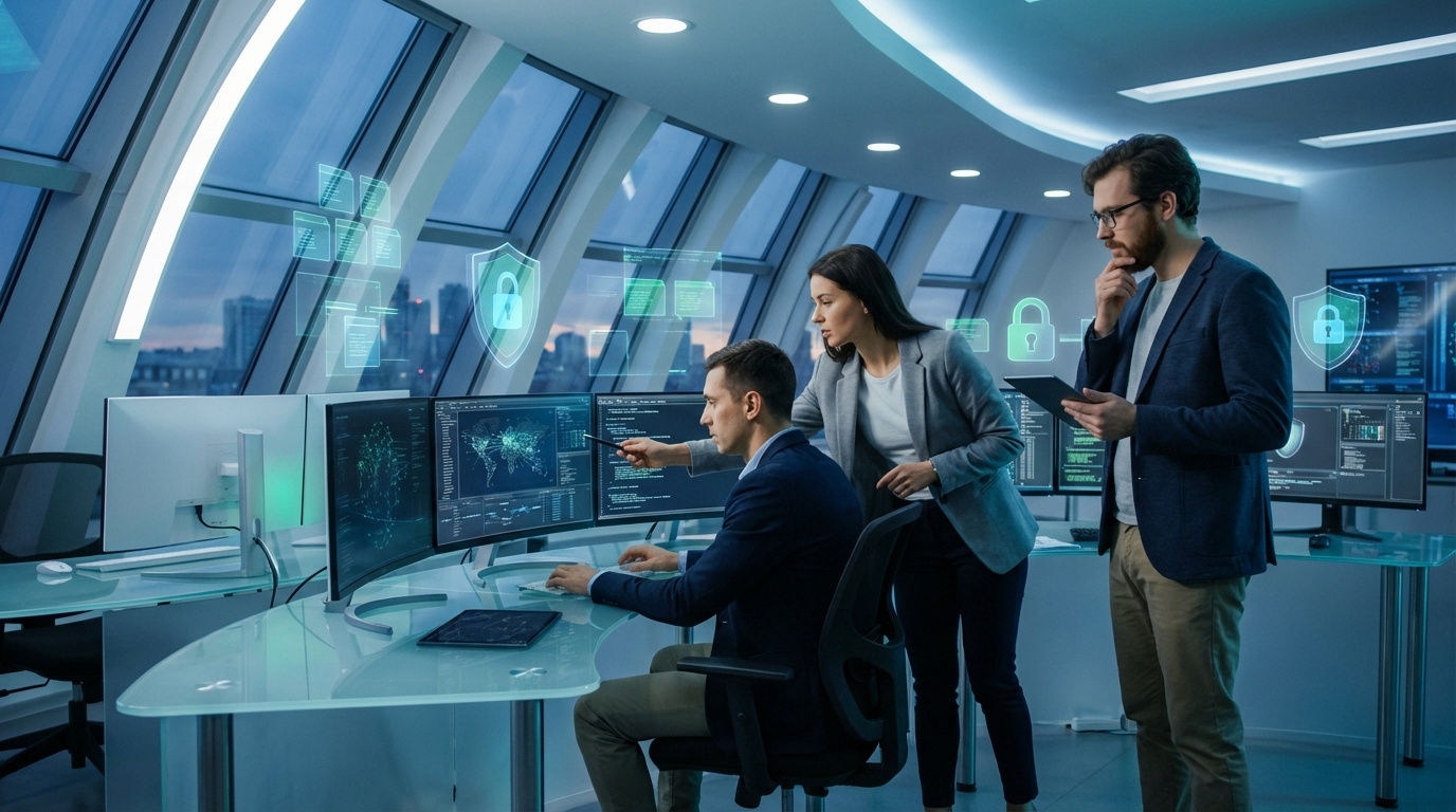 Trois experts en cybersécurité analysent des données et menaces sur écrans, avec des icônes de cadenas et de boucliers numériques.