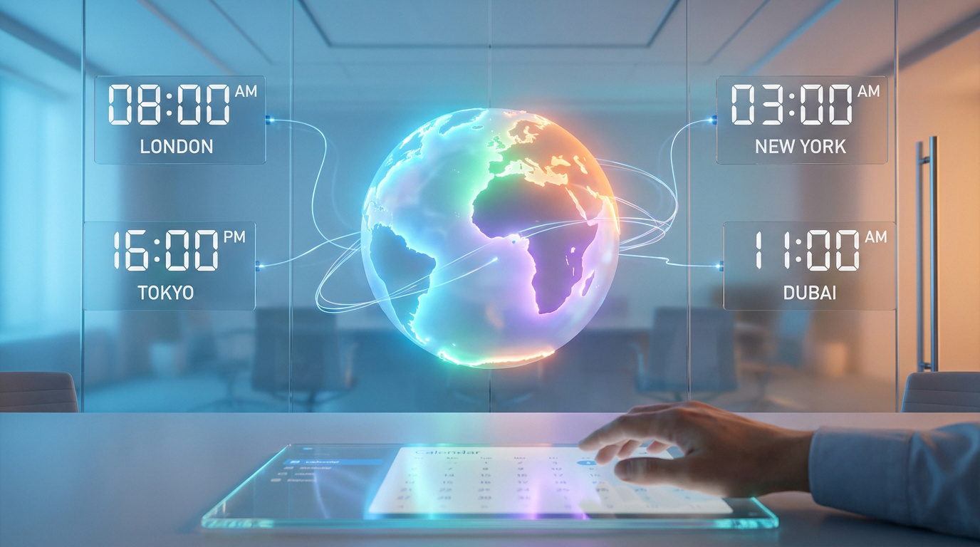 Globe terrestre lumineux affichant des fuseaux horaires pour Londres, Tokyo, New York, Dubaï. Une main utilise une tablette transparente dans un bureau moderne.