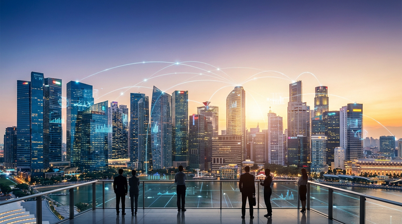 Vue d'une métropole asiatique moderne au crépuscule avec gratte-ciel lumineux, réseaux numériques et hommes d'affaires sur un balcon.
