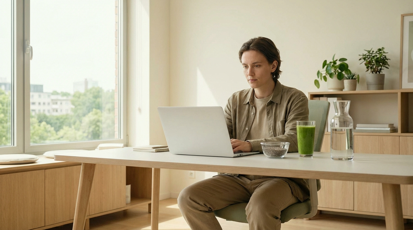 Individu concentré sur son laptop, entouré de produits sains: graines de chia, smoothie et eau pour une énergie durable.