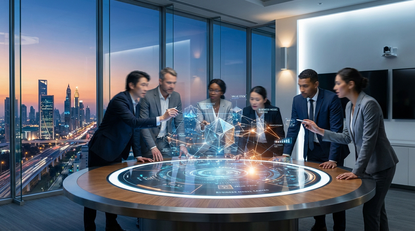 Groupe de six professionnels discutant autour d'une table interactive affichant des hologrammes de données, avec une vue sur une ville moderne éclairée au crépuscule.
