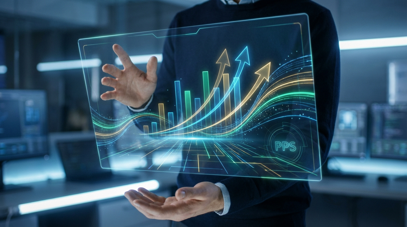 Une personne manipule un écran holographique lumineux montrant des graphiques de croissance, des flèches ascendantes et le sigle PPS.